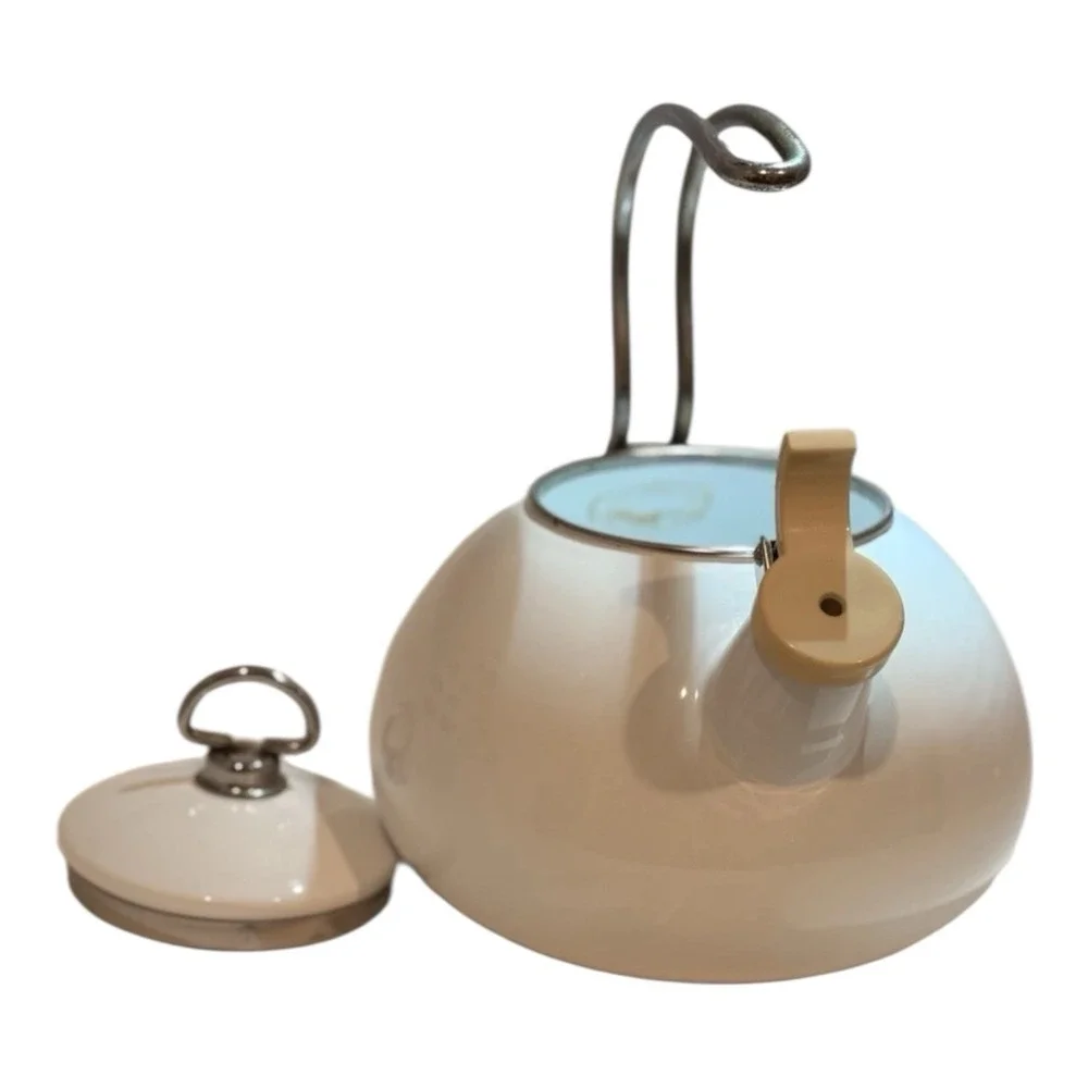 Vintage White Enamel Whistling Tea Kettle‎ Flip Spout Chipped